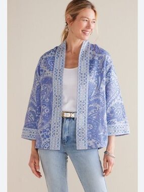 Soft Surroundings Verrado Beaded Paisley Kimono Jacket Blue M